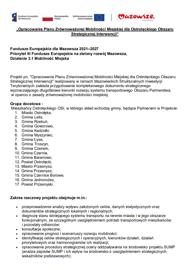 Opracowanie Planu Zr&oacute;wnoważonej Mobilności Miejskiej dla Ostrołęckiego Obszaru Strategicznej Interwencji
